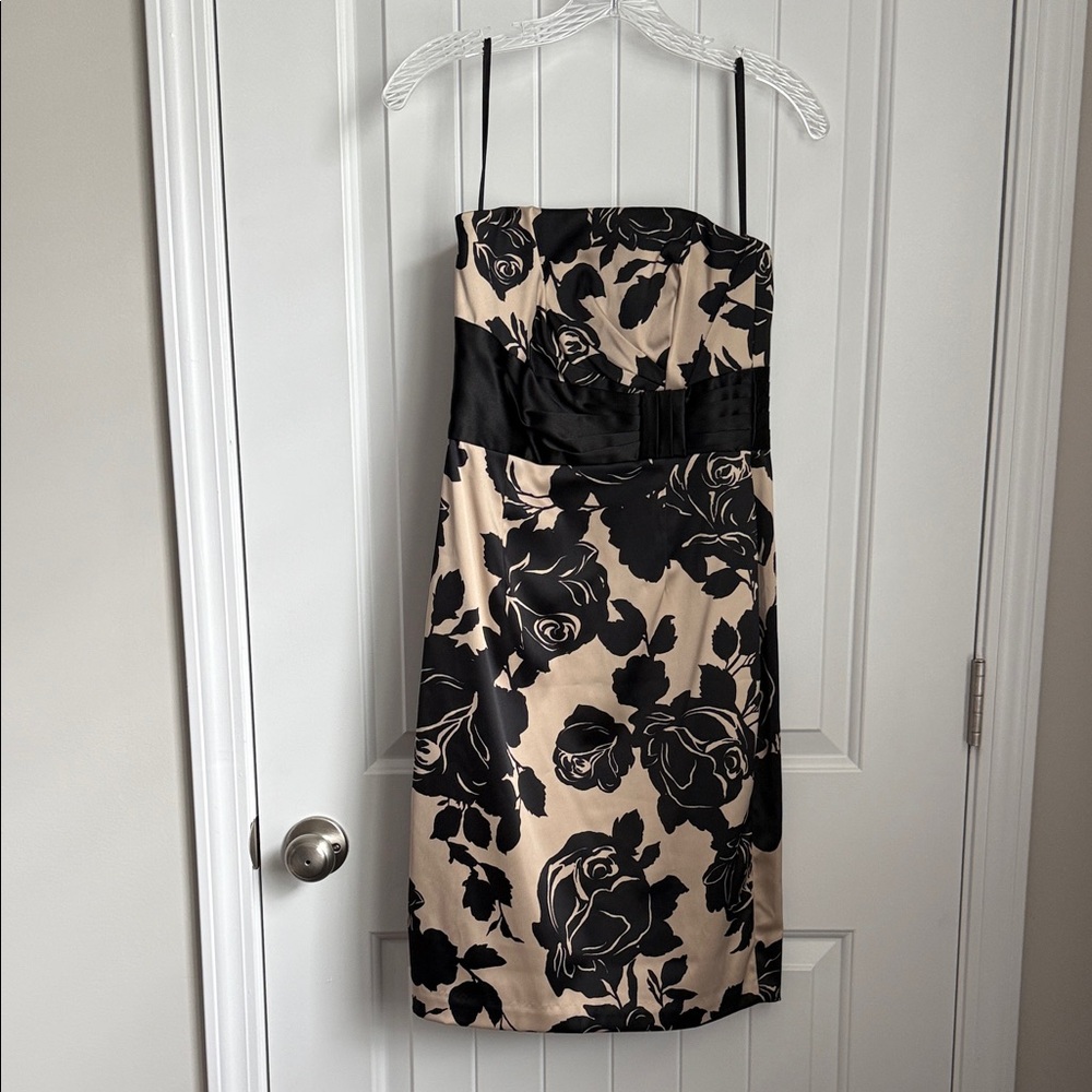 White House Black Market Strapless Black and Cream Floral Dress